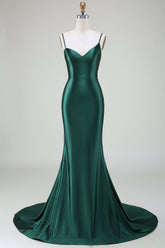 Dunkelgrünes Meerjungfrauen Spaghettiträger Abendkleid